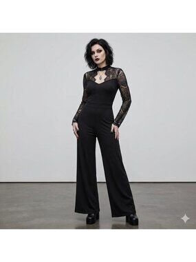 Rosegal Jumpsuit NWT Plus Size 2XL Black Eyelash Lace LS Wide Leg Evening Party